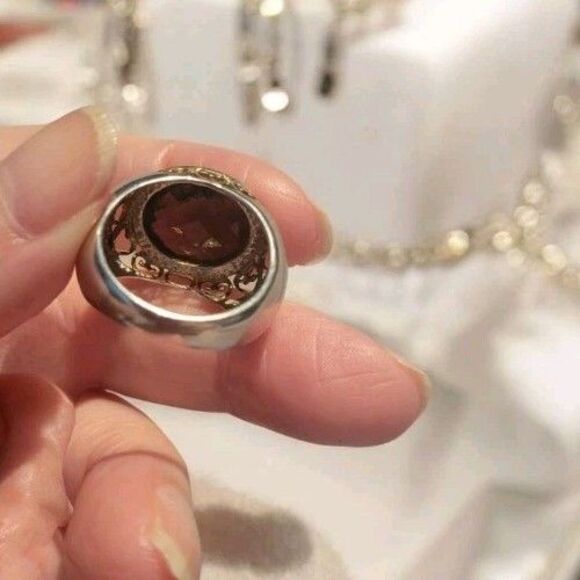 925 Sterling Silver 2-Tone Ring Large Faceted Smoky Topaz Gold Plated hearts 8 - Picture 3 of 14